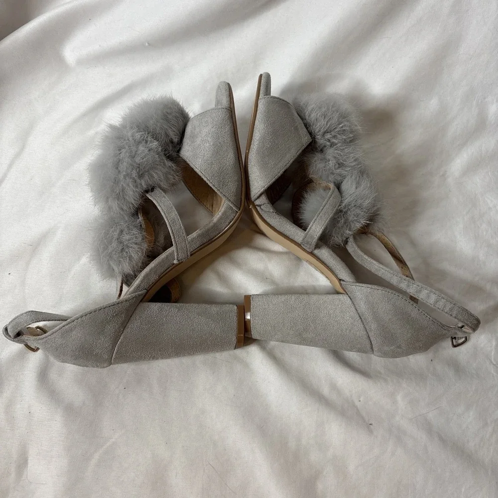 Ashley Stewart Grey Lisa Size 8‎ Pom Pom High Heels Chunky Furry Shoes
